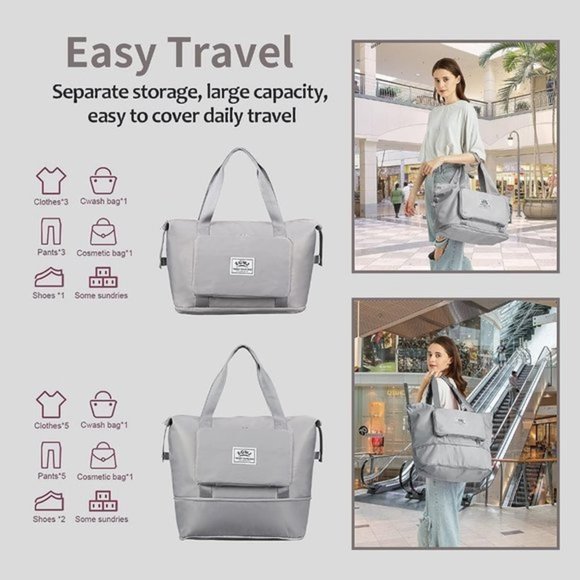 Women Waterproof Fold-able and Expandable‎ Weekender Travel Duffed Tote Bag - Picture 3 of 7